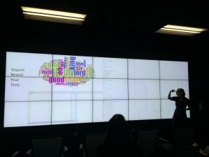 Data wall at the Humanities Visualization Space, Texas A&M University (photo credit: Laura Mandell)